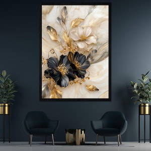 Arte de parede digital luxuosa com flores pretas e brancas e penas douradas l Decoração de quarto com design floral em mármore 3D para impressão l Decoração de casa para download