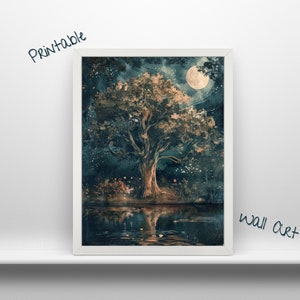 Art mural numérique grand arbre sous la lune l Imprimable Nuit calme avec lac Décoration de maison l Fond nature téléchargeable Décoration de chambre