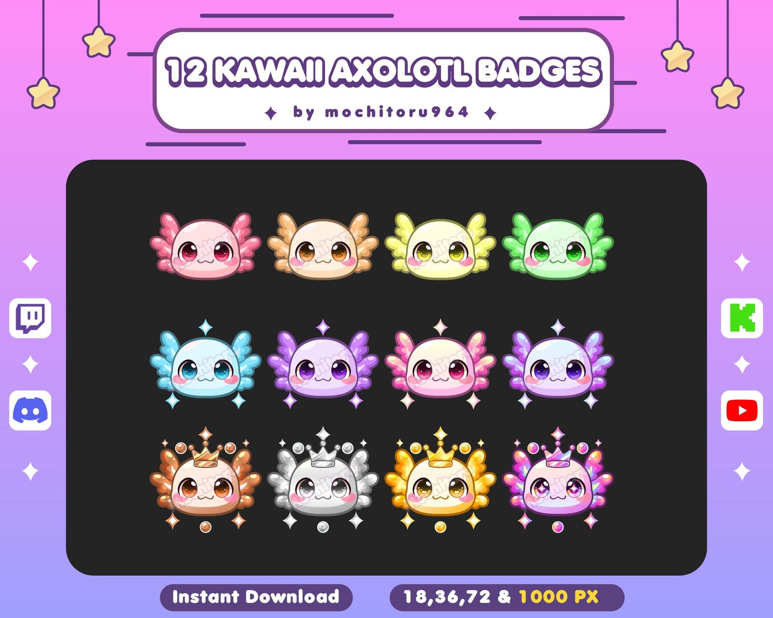 Twitch Badges - 12 Kawaii Axolotl Badges | Animal Badges | Chibi ...