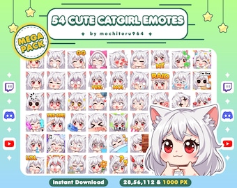 Twitch Emote - Cute Catgirl Emotes | 54 Catgirl Emotes, Mega Pack | Chibi Girl | White Hair Anime | Female | Nekomimi | Discord,YouTube,Kick