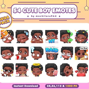 Twitch Emote - Cute Boy Emotes | 54 Boy Emotes, Mega Pack | Male Emotes | Black Skin | Black Hair | Afro | Curly | Twitch, Discord, YouTube