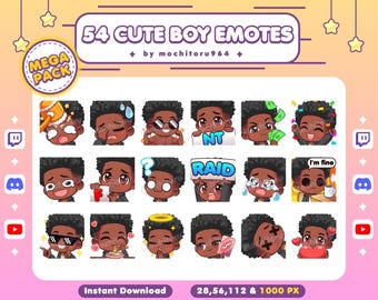 Twitch Emote - Cute Boy Emotes | 54 Boy Emotes, Mega Pack | Male Emotes | Black Skin | Black Hair | Afro | Curly | Twitch, Discord, YouTube