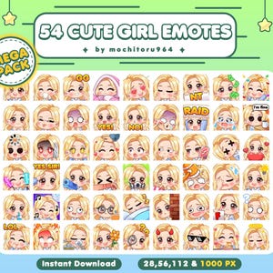 Twitch Emote - Cute Girl Emotes | 54 Girl Mega Pack Emotes | Chibi Girl | Long Blonde Hair | Female | Emotes for Twitch,Discord,YouTube,Kick