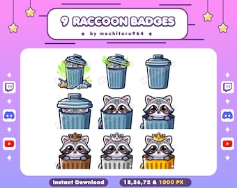 Twitch Badges / Raccoon Badges / 9 Badges / Cute Animal / Badges Animal / Emotes / Cute Badges / YouTube Badges / Discord Badges / Raccoon