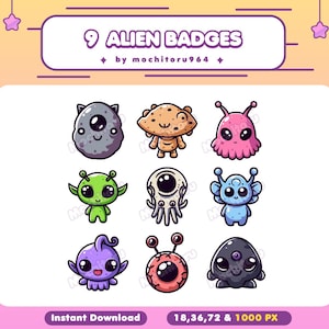 Könnte beinhalten: Neun bunte Comic-Alien-Abzeichen in verschiedenen Posen. Die Abzeichen sind in verschiedenen Farben, darunter rosa, blau, grün und grau. Der Text "9 ALIEN BADGES" befindet sich oben im Bild, und der Text "18, 36, 72 & 1000 PX" befindet sich unten im Bild.