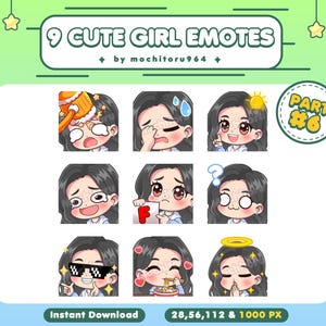 Twitch Emote - Cute Girl Emotes | 9 Girl Emotes Part 6 | Chibi Girl | Long Black Hair | Female | Emotes for Twitch,Discord,YouTube,Kick