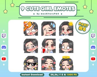 Op de afbeelding: Negen geanimeerde emoticons met een schattig meisje met verschillende uitdrukkingen. De emoticons zijn in een raster van drie rijen en drie kolommen gerangschikt. De emoticons omvatten een meisje met een hamer die zichzelf op het hoofd slaat, een meisje met een verwarde uitdrukking, een meisje met een zon boven haar hoofd, een meisje dat huilt, een meisje dat een onvoldoende cijfer vasthoudt, een meisje met een vraagteken boven haar hoofd, een meisje dat een zonnebril draagt, een meisje dat ramen eet en een meisje met een halo boven haar hoofd. De tekst "PART #6" staat in de rechterbovenhoek van de afbeelding. De tekst "Instant Download" staat linksonder in de afbeelding. De tekst "28, 56, 112 & 1000 PX" staat rechtsonder in de afbeelding.