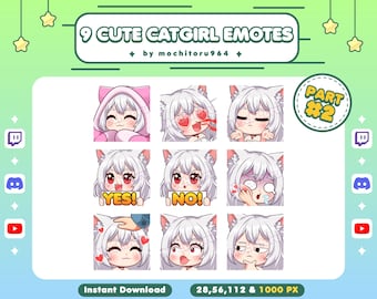 Twitch Emote - Cute Catgirl Emotes | 9 Catgirl Emotes Part 2 | Chibi Girl | White Hair Anime | Female | Nekomimi | Discord,YouTube,Kick