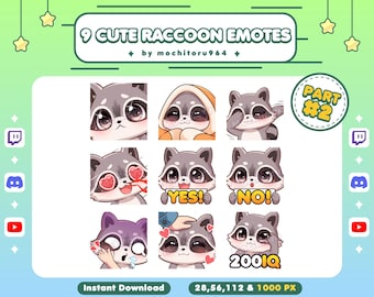 Twitch Emote - Cute Raccoon Emotes | 9 Raccoon Emotes Part 2 | Chibi Raccoon | Animal Emotes | Kawaii Emotes for Twitch, Discord, YouTube