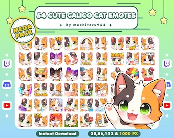 May include: A set of 54 digital cat emotes featuring a calico cat in various poses and expressions. The emotes are designed in a cute cartoon style and include text such as "Raid", "Yes!" and "No!" The emotes are available in 28, 56, 112 and 1000 pixels.