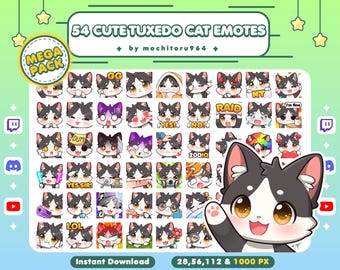 May include: A digital art print featuring 54 cute tuxedo cat emotes. The emotes have black and white fur with various expressions and accessories. Text includes "54 CUTE TUXEDO CAT EMOTES" and "Instant Download".