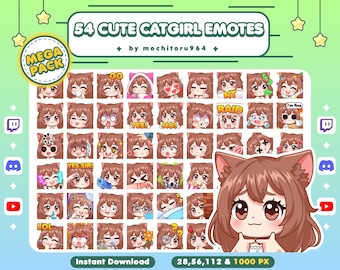 Twitch Emote - Cute Catgirl Emotes | 54 Catgirl Emotes, Mega Pack | Chibi Girl | Brown Hair Anime | Female | Nekomimi | Discord,YouTube,Kick