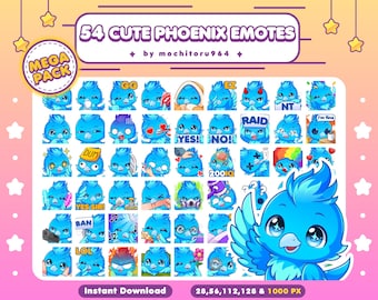 Twitch Emotes - Cute Blue Phoenix Emotes | Mega Pack Emotes | Kawaii Fire Bird Emotes | Cartoon Flame Bird (Digital Download)