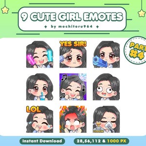 Twitch Emote - Cute Girl Emotes | 9 Girl Emotes Part 4 | Chibi Girl | Long Black Hair | Female | Emotes for Twitch,Discord,YouTube,Kick