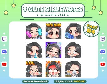 Op de afbeelding: Negen geanimeerde emotes met een cartoonmeisje met verschillende uitdrukkingen. De emotes omvatten "Yes Sir!" "LOL" en "COPIUM". De emotes zijn in een rasterformaat met een groene achtergrond en een witte rand.