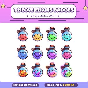 Könnte beinhalten: Digitalgrafik mit zwölf Liebeselixier-Abzeichen. Jedes Abzeichen zeigt eine Glasflasche mit einem herzförmigen Trank in verschiedenen Farben, darunter Rot, Gelb, Grün und Blau. Der Text "12 LOVE ELIXIRS BADGES" ist oben zu sehen.