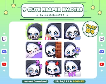 Emoticones lindos de la Parca / 9 Emoticones de la Parca, parte 4 / Emoticones de Twitch / Emoticones de calavera / Halloween / Emoticones espeluznantes / Emoticones lindos de la Parca / Discord / Youtube