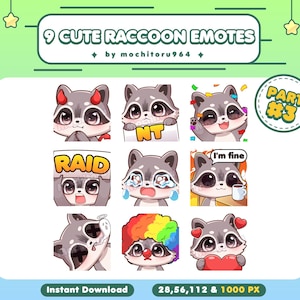 Twitch Emote - Cute Raccoon Emotes | 9 Raccoon Emotes Part 3 | Chibi Raccoon | Animal Emotes | Kawaii Emotes for Twitch, Discord, YouTube