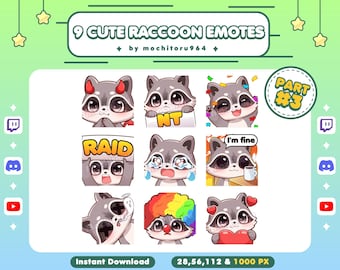 Twitch Emote - Niedliche Waschbär Emotes | 9 Waschbär Emotes Teil 3 | Chibi Waschbär | Tier Emotes | Kawaii Emotes für Twitch, Discord, YouTube