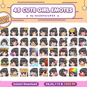 45 かわいい女の子メガパック絵文字 / 黒髪ショート / かわいい女の子 / 黒髪の女の子 / ちび絵文字 / Discord 絵文字 / 女性の絵文字 / かわいい女性