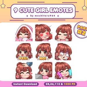 9 Cute Girl Emotes Part 2 / Brown Short Hair / Cute Girl / Brown Hair Girl / Cute emotes / Chibi Girl Emotes / Twitch Emotes / Female Emotes