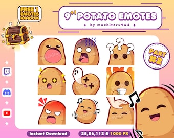 May include: Nine animated potato emotes with different expressions, including surprised, confused, and happy. The emotes are in a grid format with the text "9+ POTATO EMOTES" and "by mochitoru964" at the top. The text "PART #2" is in a circle at the top right corner of the image.
