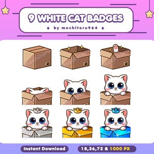Twitch-badges | Badges witte kat | 9 badges | Kawaiikat | Emotes | Kitty | Katje | Dier | YouTube-badges | Discord-badges | Kick-badges