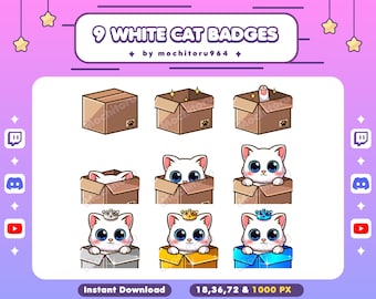 Twitch Badges | White Cat Badges | 9 Badges | Kawaii Cat | Emotes | Kitty | Kitten | Animal | YouTube Badges | Discord Badges | Kick Badges