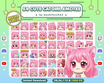 Twitch Emote - Cute Catgirl Emotes | 54 Catgirl Emotes, Mega Pack | Chibi Girl | Pink Hair Anime | Female | Nekomimi | Discord,YouTube,Kick