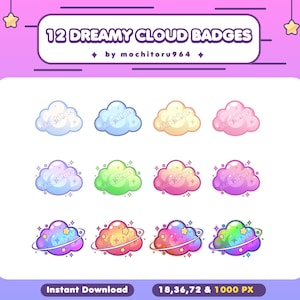 May include: A digital graphic showcasing 12 dreamy cloud badges in a range of colours, such as white, blue, yellow, and pink. The badges are arranged in three rows, with a purple banner at the top that reads "12 DREAMY CLOUD BADGES". The image also includes the text "by mochitoru964" and "Instant Download".