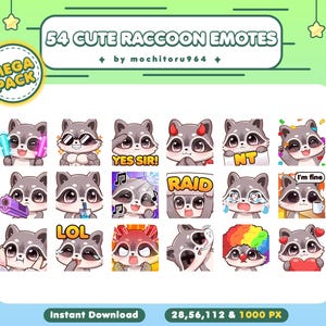 Twitch Emote - Cute Raccoon Emotes | 54 Raccoon Emotes, Mega Pack | Chibi Raccoon | Animal Emotes | Kawaii Emotes Twitch, Discord, YouTube