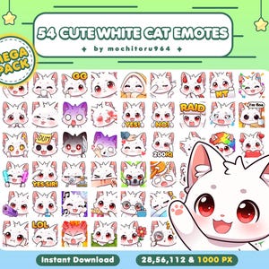 Twitch Emote - Cute White Cat Emotes | 54 Kitty Emotes, Mega Pack | Chibi Kitten | Animal Emotes | Kawaii Emotes Kick, Discord, YouTube