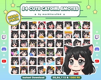 Twitch Emote - Cute Catgirl Emotes | 54 Catgirl Emotes, Mega Pack | Chibi Girl | Black Hair Anime | Female | Nekomimi | Discord,YouTube,Kick