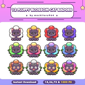 Twitch Badges - 12 Fluffy Blossom Cat Badges | Black Cat | Kitty | Cats | Animal Badges | YouTube Badges | Discord Badges | Kick Badges