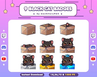 Twitch Badges / Black Cat Badges / 9 Badges / Kitten / Kawaii Cat / Animal / Cute Cat/ Kitty /YouTube Badges / Discord Badges / Kick Badges