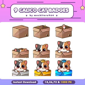 Peut inclure: Neuf badges de chats calico dans des boîtes en carton. Les chats ont des couleurs variées et portent des couronnes. Le texte "9 CALICO CAT BADGES" est en haut, avec "Instant Download" en bas. Dimensions: 18, 36, 72 et 1000 PX.