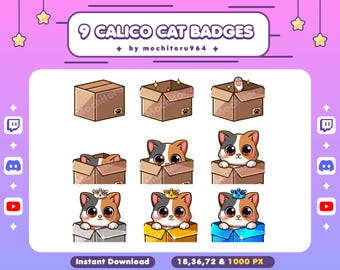 Twitch Badges / Calico Cat Badges / 9 Badges / Animal / Kawaii Cat / Kitty / Cute Cat/ Kitten /YouTube Badges / Discord Badges / Kick Badges