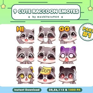 Twitch Emote - Cute Raccoon Emotes | 9 Raccoon Emotes Part 1 | Chibi Raccoon | Animal Emotes | Kawaii Emotes for Twitch, Discord, YouTube