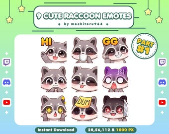 Twitch Emote - Cute Raccoon Emotes | 9 Raccoon Emotes Part 1 | Chibi Raccoon | Animal Emotes | Kawaii Emotes for Twitch, Discord, YouTube