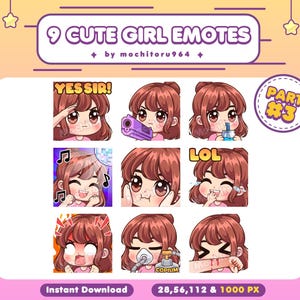 9 Cute Girl Emotes Part 3 / Brown Short Hair / Cute Girl / Brown Hair Girl / Cute emotes / Chibi Girl Emotes / Twitch Emotes / Female Emotes