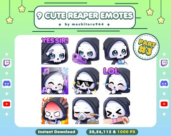 Emoticones lindos de la Parca / 9 Emoticones de la Parca, parte 3 / Emoticones de Twitch / Emoticones de calavera / Halloween / Emoticones espeluznantes / Emoticones lindos de la Parca / Discord / Youtube