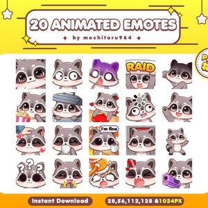 Emoticones animados - Emoticones de mapache lindos / 20 emotes animados de mapache chibi / Emoticones para Twitch, Discord, YouTube, Kick / Kawaii Trash Panda