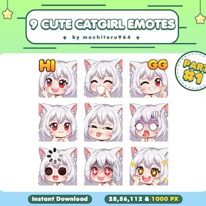 Op de afbeelding: Negen schattige catgirl-emotes met verschillende uitdrukkingen, waaronder "Hi" en "GG". De emotes tonen personages met wit haar, kattenoren en rode ogen. De tekst "9 CUTE CATGIRL EMOTES" en "by mochitoru964" wordt boven de emotes weergegeven.