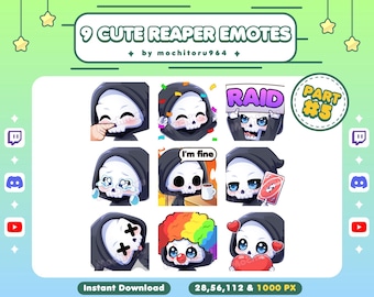 Emoticones lindos de la Parca / 9 Emoticones de la Parca, parte 5 / Emoticones de Twitch / Emoticones de calavera / Halloween / Emoticones espeluznantes / Parca linda / Discord / Youtube