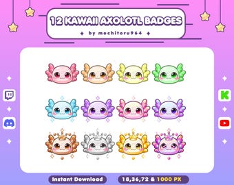 Twitch Badges - 12 Kawaii Axolotl Badges | Tier Anstecker | Chibi Axolotl | Axo-Buddy | Süßes Wasser Haustier | YouTube, Discord, Kick Badges