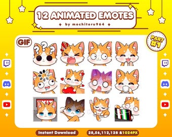 May include: A digital download graphic featuring 12 animated emotes of a cartoon cat with orange and white fur. The emotes display various expressions, including confusion, anger, and joy. The text reads "12 ANIMATED EMOTES" and "Instant Download".
