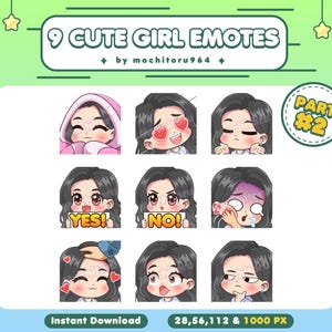 Twitch Emote - Cute Girl Emotes | 9 Girl Emotes Part 2 | Chibi Girl | Long Black Hair | Female | Emotes for Twitch,Discord,YouTube,Kick