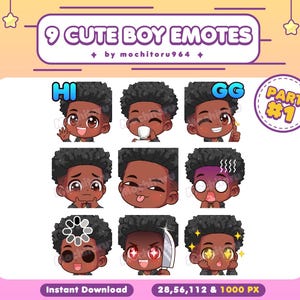 Twitch Emote - Cute Boy Emotes | 9 Boy Emotes Part 1 | Male Emotes | Black Skin | Black Hair | Afro | Curly | Twitch, Discord, YouTube