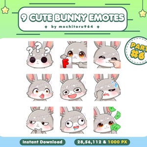 Twitch Emote - Cute Gray Bunny Emotes | 9 Bunny Emotes Part 6 | Chibi Bunny | Animal Emotes | Kawaii Emotes for Twitch,Discord,YouTube,Kick