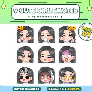 Twitch Emote - Cute Girl Emotes | 9 Girl Emotes Part 1 | Chibi Girl | Long Black Hair | Female | Emotes for Twitch,Discord,YouTube,Kick